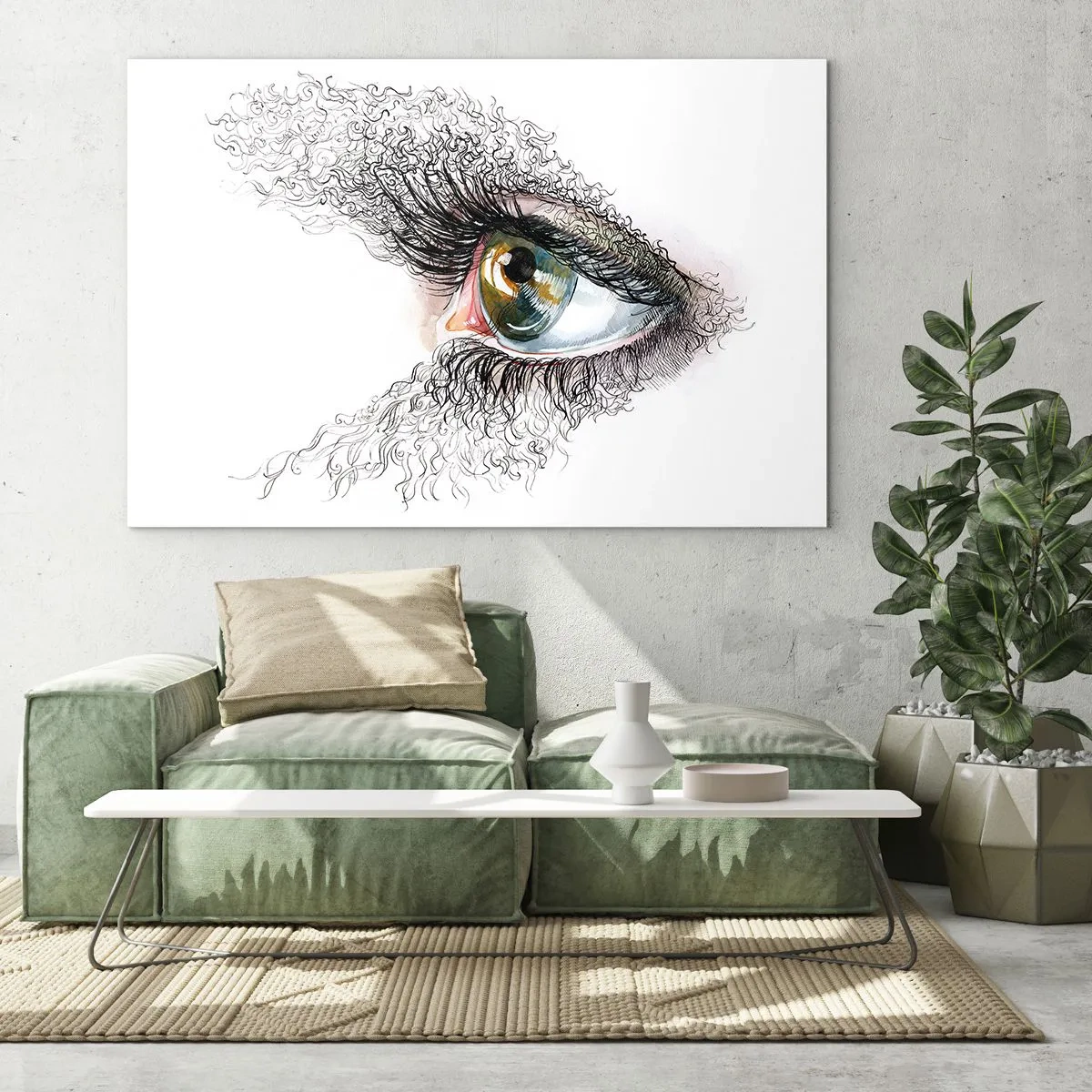 Glastavla - Bild på glas - Ett gyllene öga omgivet av dynamiska linjer och abstrakta detaljer - 70x50cm - Titta rakt in i själen - Modern väggdekoration för vardagsrum och sovrum ARTTOR