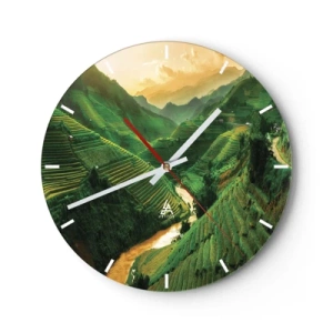 Väggklocka - Klocka på glas - Risterrasser bland bergen vid solnedgången - 30x30cm - Vietnamesisk dal - Modern väggdekoration för vardagsrum, kök och sovrum ARTTOR