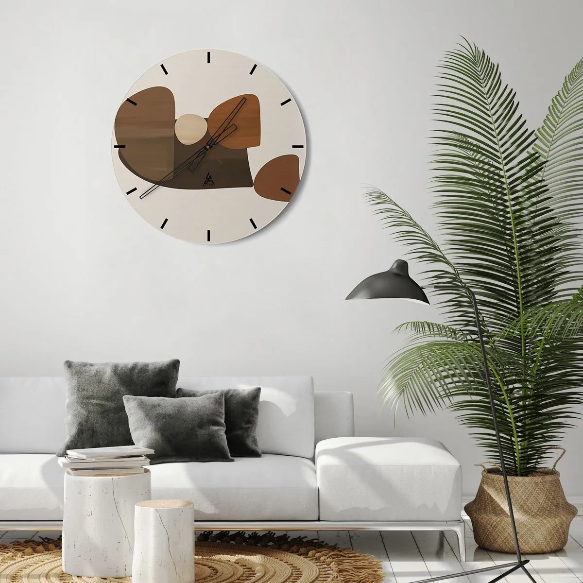 Väggklocka - Klocka på glas - Abstrakta former i nyanser av brunt mot en beige bakgrund - 30x30cm - Komposition i brun - Modern väggdekoration för vardagsrum, kök och sovrum ARTTOR