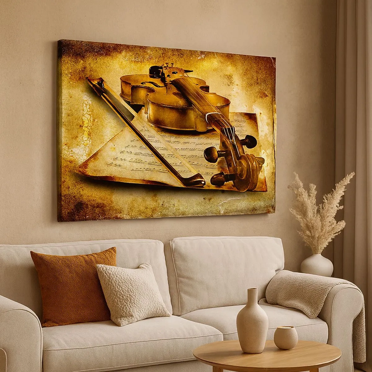 Canvastavla - Bild på duk - En fiol med noter mot en vintagebakgrund i varma toner - 70x50cm - Violspelare sökes nu - Modern väggdekoration för vardagsrum och sovrum ARTTOR