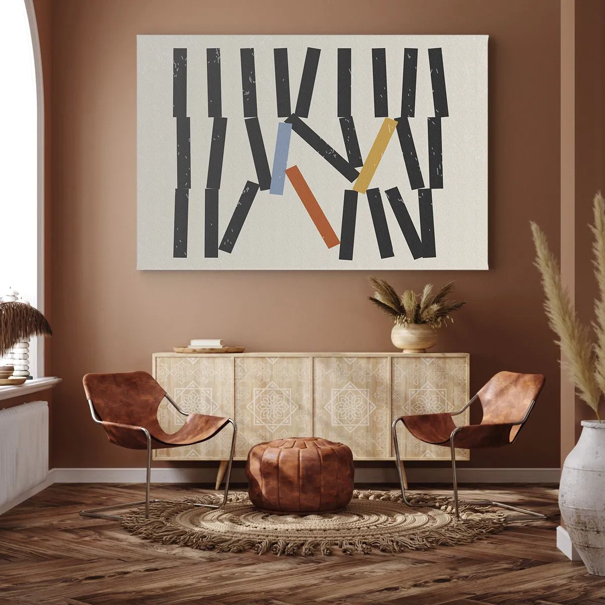 Canvastavla - Bild på duk - Abstrakt komposition med färgade och svarta rektanglar - 70x50cm - Domino - komposition - Modern väggdekoration för vardagsrum och sovrum ARTTOR