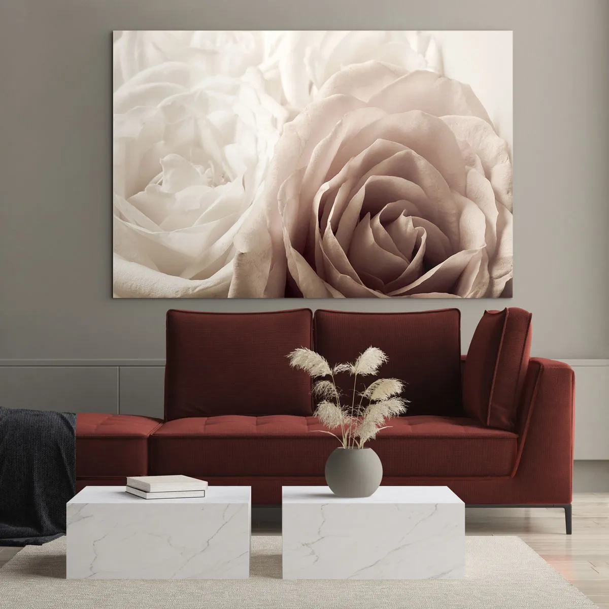 Glastavla - Bild på glas - Fina ljusa rosor i en romantisk närbild - 70x50cm - I hjärtat av en ros - Modern väggdekoration för vardagsrum och sovrum ARTTOR
