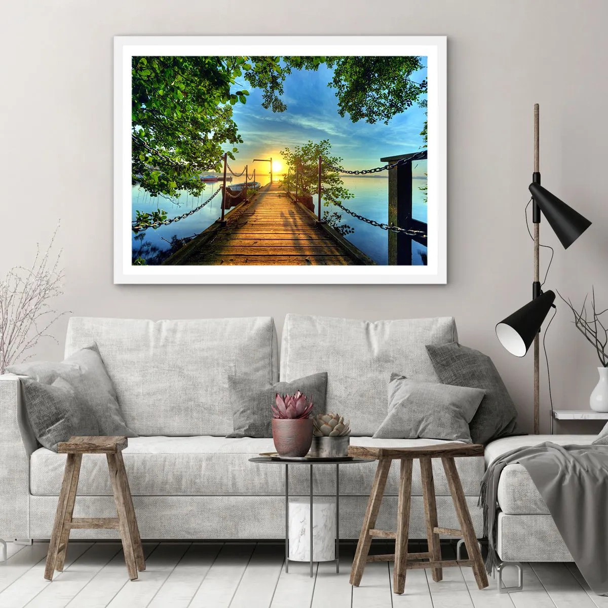 Affisch i vit ram - Solnedgång vid vatten - 100x70 cm