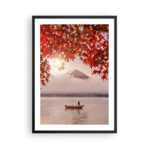 Affisch i svart ram - Mount Fuji med en båt på en sjö och höstlöv - 50x70cm - I japansk stämning - Modern väggdekoration för vardagsrum och sovrum ARTTOR