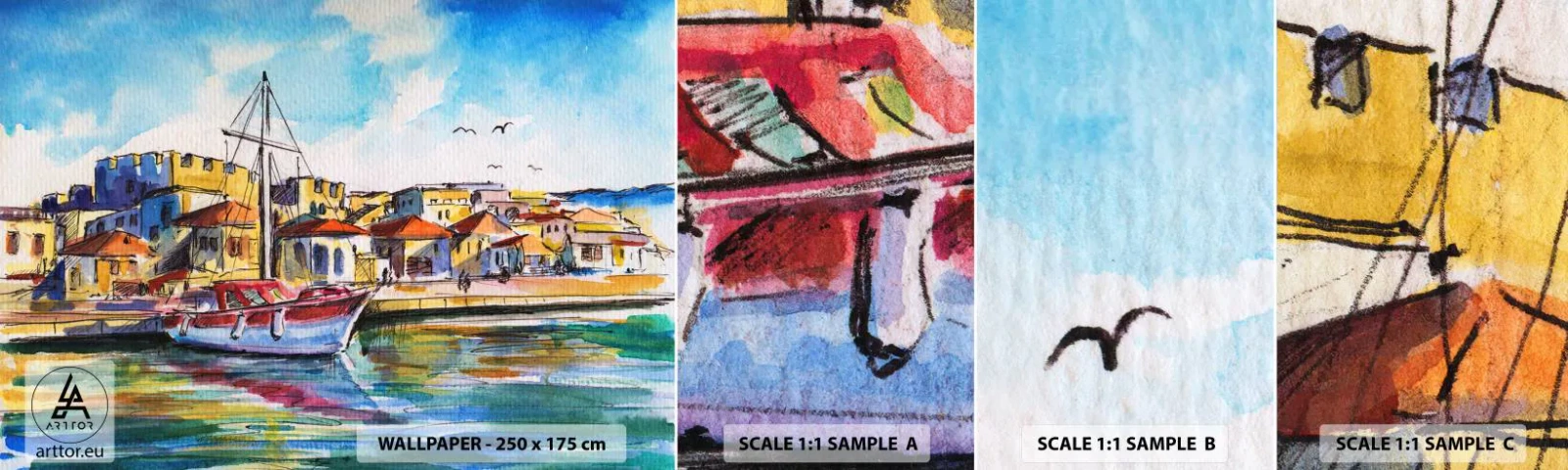 Provbit av självhäftande fototapet Deluxe Sticker - Regnbågseftermiddag - hamn, Yacht, Seaside - 100x30 cm