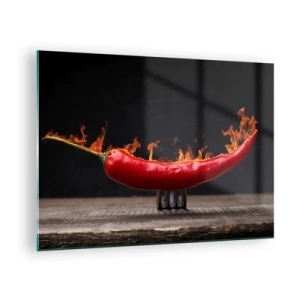 Glastavla - Bild på glas - Brinnande röd chilipeppar på en svart bakgrund - 70x50cm - Helvetiskt tilltugg - Modern väggdekoration för vardagsrum och sovrum ARTTOR