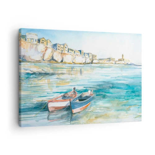 Canvastavla - Bild på duk - Ett pittoreskt kustlandskap med båtar på vattnet - 70x50cm - Landskap i azurblått - Modern väggdekoration för vardagsrum och sovrum ARTTOR