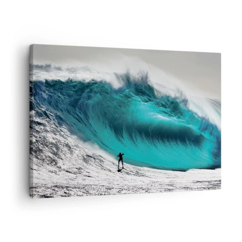 Canvastavla - Bild på duk - Surfare framför en enorm våg - 70x50cm - Utmaningen accepterad - Modern väggdekoration för vardagsrum och sovrum ARTTOR