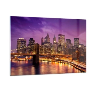 Glastavla - Bild på glas - Manhattan i violett och guld - 120x80 cm