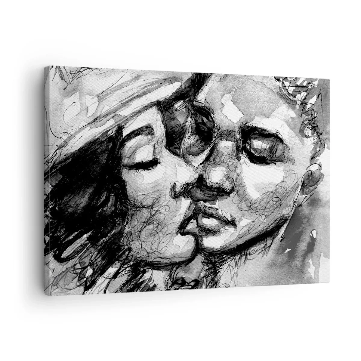 Canvastavla - Bild på duk - En svartvit akvarell som föreställer ett intimt ögonblick mellan två personer. - 70x50cm - Ett ömt ögonblick - Modern väggdekoration för vardagsrum och sovrum ARTTOR