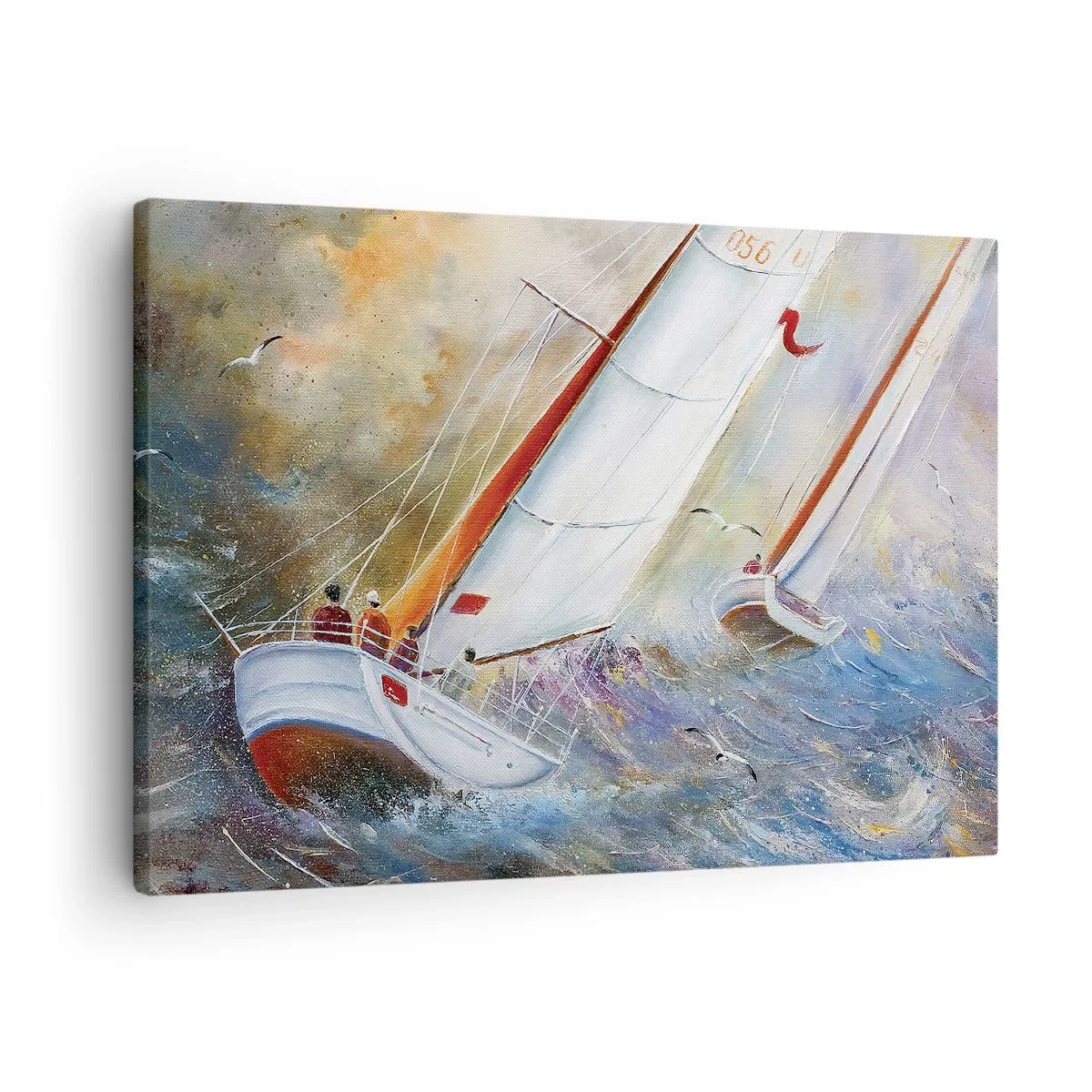 Canvastavla - Bild på duk - Segelbåtar på grova vågor i en dynamisk komposition - 70x50cm - Springande på vågorna - Modern väggdekoration för vardagsrum och sovrum ARTTOR