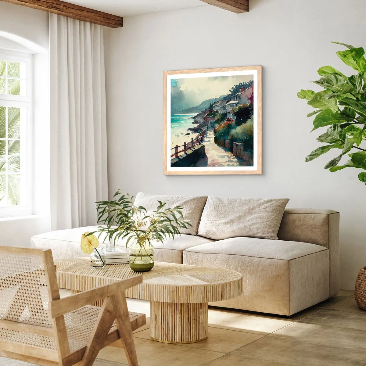 Affisch i ram av ljusek - Medelhavsstad - 40x40 cm