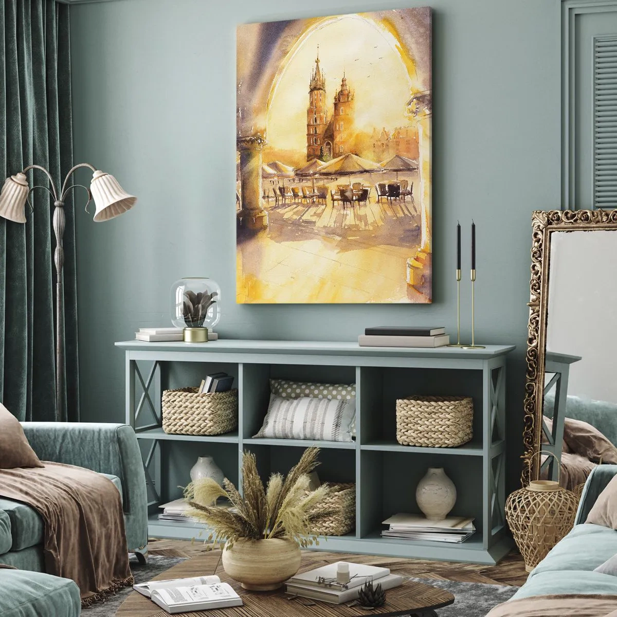 Canvastavla - Bild på duk - Gryning över marknaden i Kraków - 65x120 cm