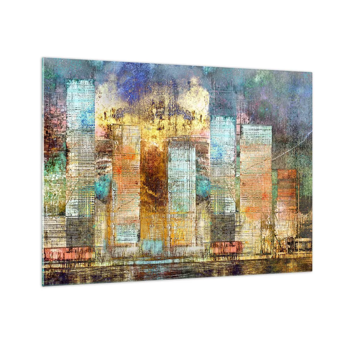 Glastavla - Bild på glas - Färgglatt abstrakt panorama av stadens skyskrapor i konstnärlig stil - 70x50cm - Solig metropol - Modern väggdekoration för vardagsrum och sovrum ARTTOR
