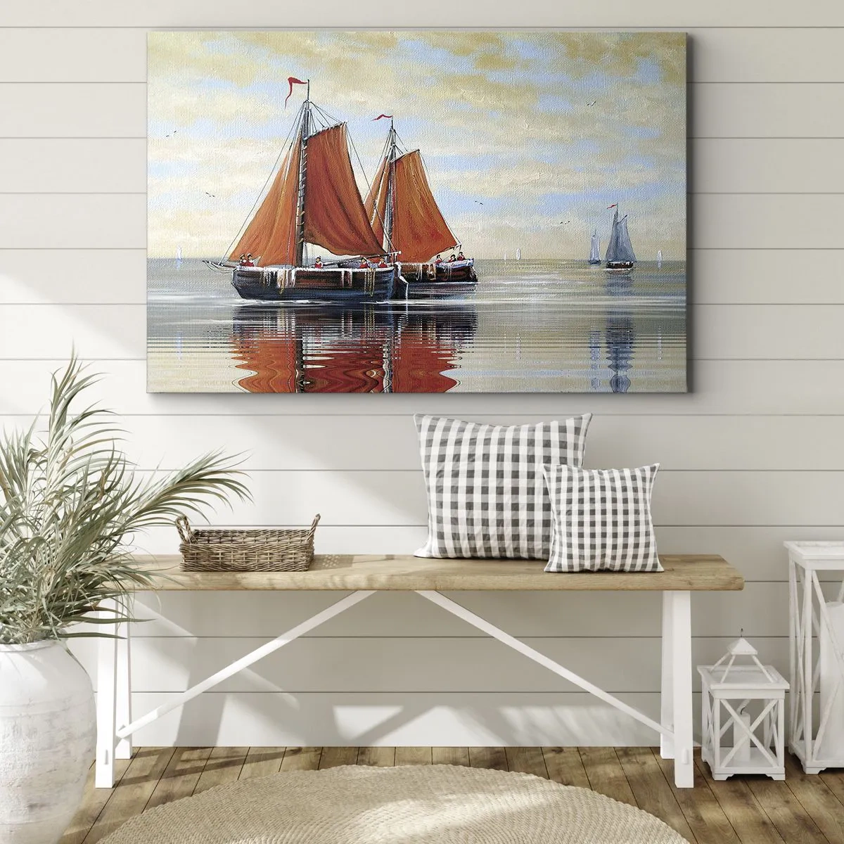 Canvastavla - Bild på duk - Tvåmastade segelbåtar i lugnt vatten - 70x50cm - Hej, segla seglaren… - Modern väggdekoration för vardagsrum och sovrum ARTTOR