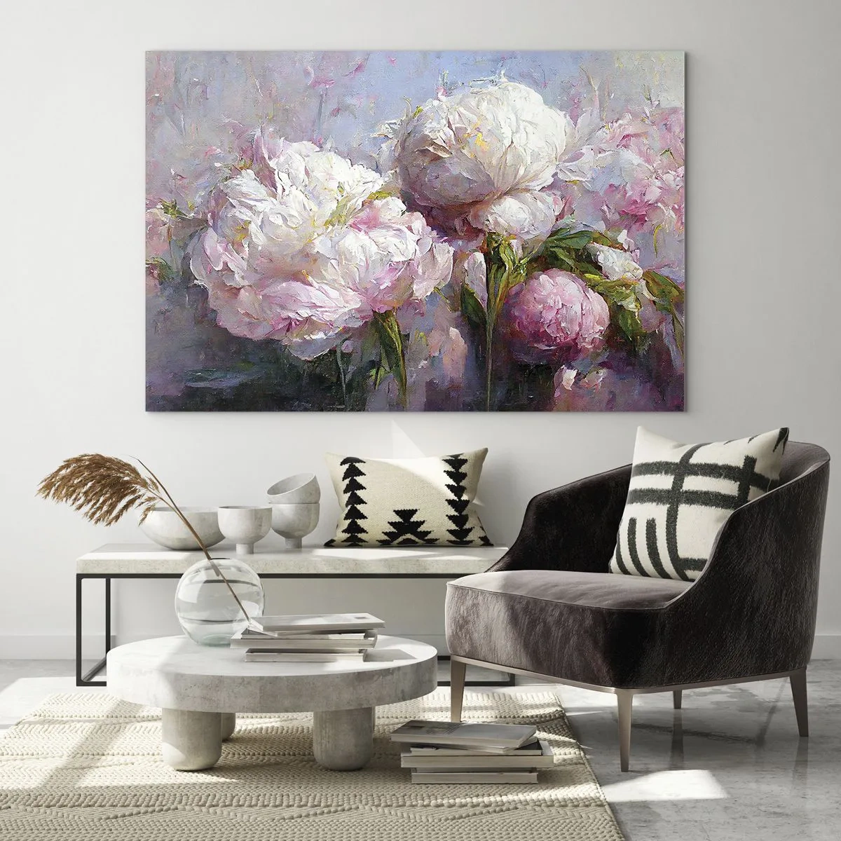 Glastavla - Bild på glas - Oljemålning av blommande vita och rosa pioner - 70x50cm - En bukett full av liv - Modern väggdekoration för vardagsrum och sovrum ARTTOR