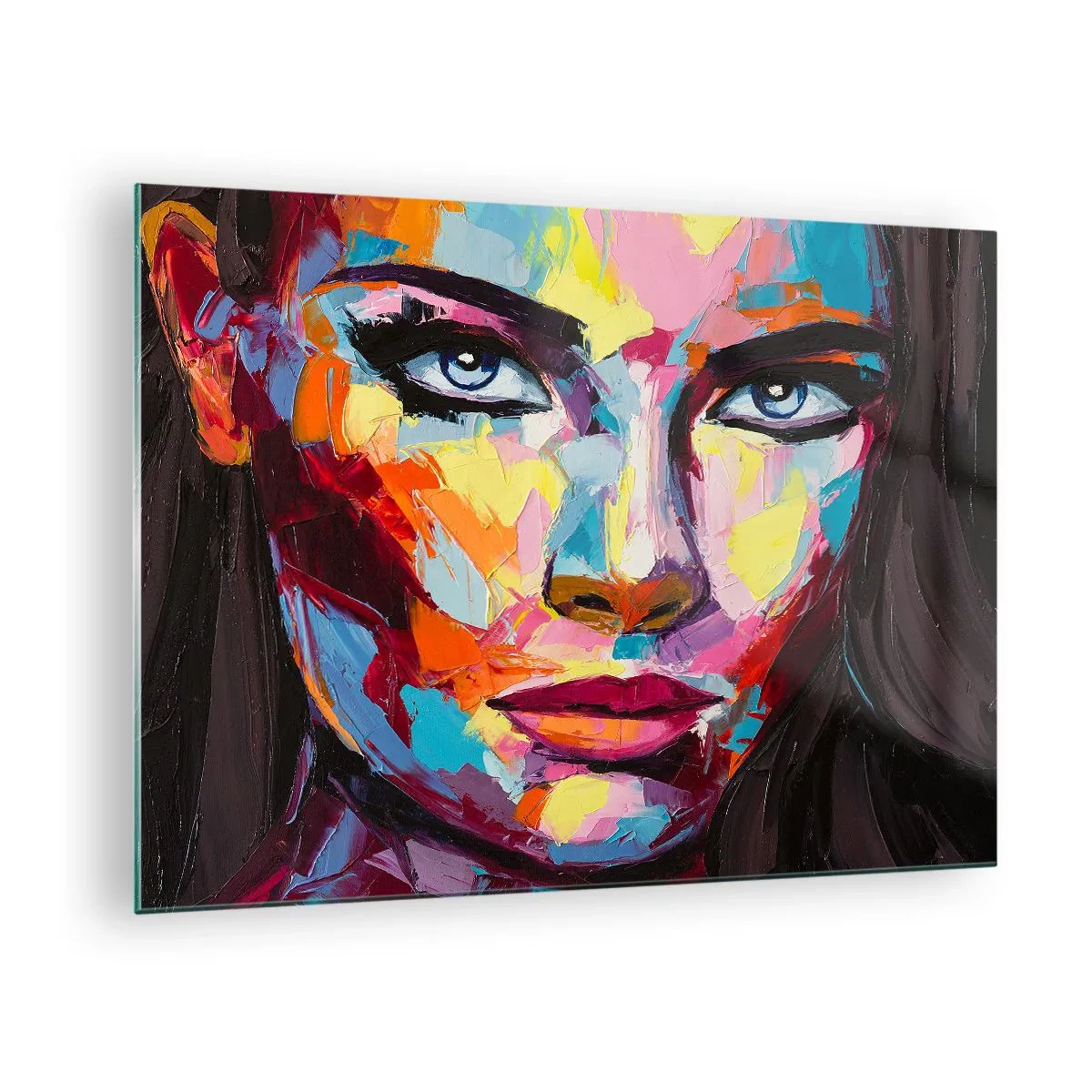 Glastavla - Bild på glas - Färgglatt porträtt av en kvinna i abstrakt stil - 70x50cm - Själen är också färgglad - Modern väggdekoration för vardagsrum och sovrum ARTTOR