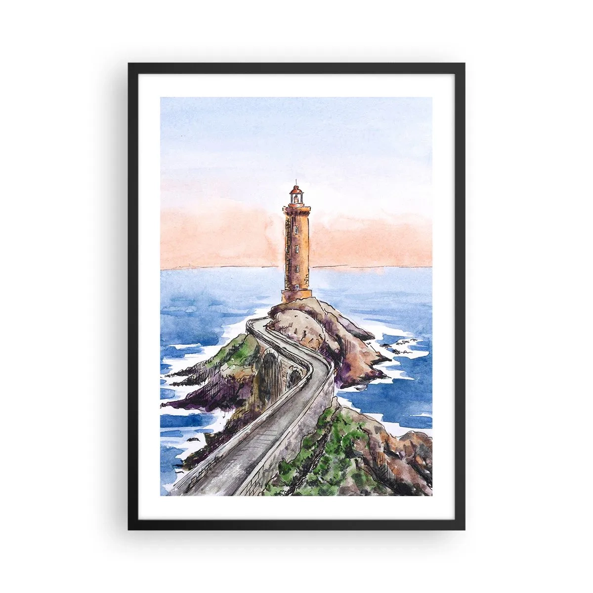 Affisch i svart ram - Akvarell illustration av en fyr på en klippig kust - 50x70cm - Vänd mot havet - Modern väggdekoration för vardagsrum och sovrum ARTTOR