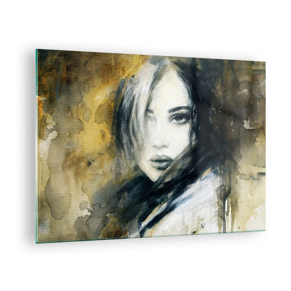 Glastavla - Bild på glas - Porträtt av en kvinna i akvarellstil - 70x50cm - Mera oskyldig eller sensuell? - Modern väggdekoration för vardagsrum och sovrum ARTTOR