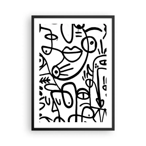 Affisch i svart ram - Abstrakta svarta linjer på en vit bakgrund - 50x70cm - Ansikten och hägringar - Modern väggdekoration för vardagsrum och sovrum ARTTOR
