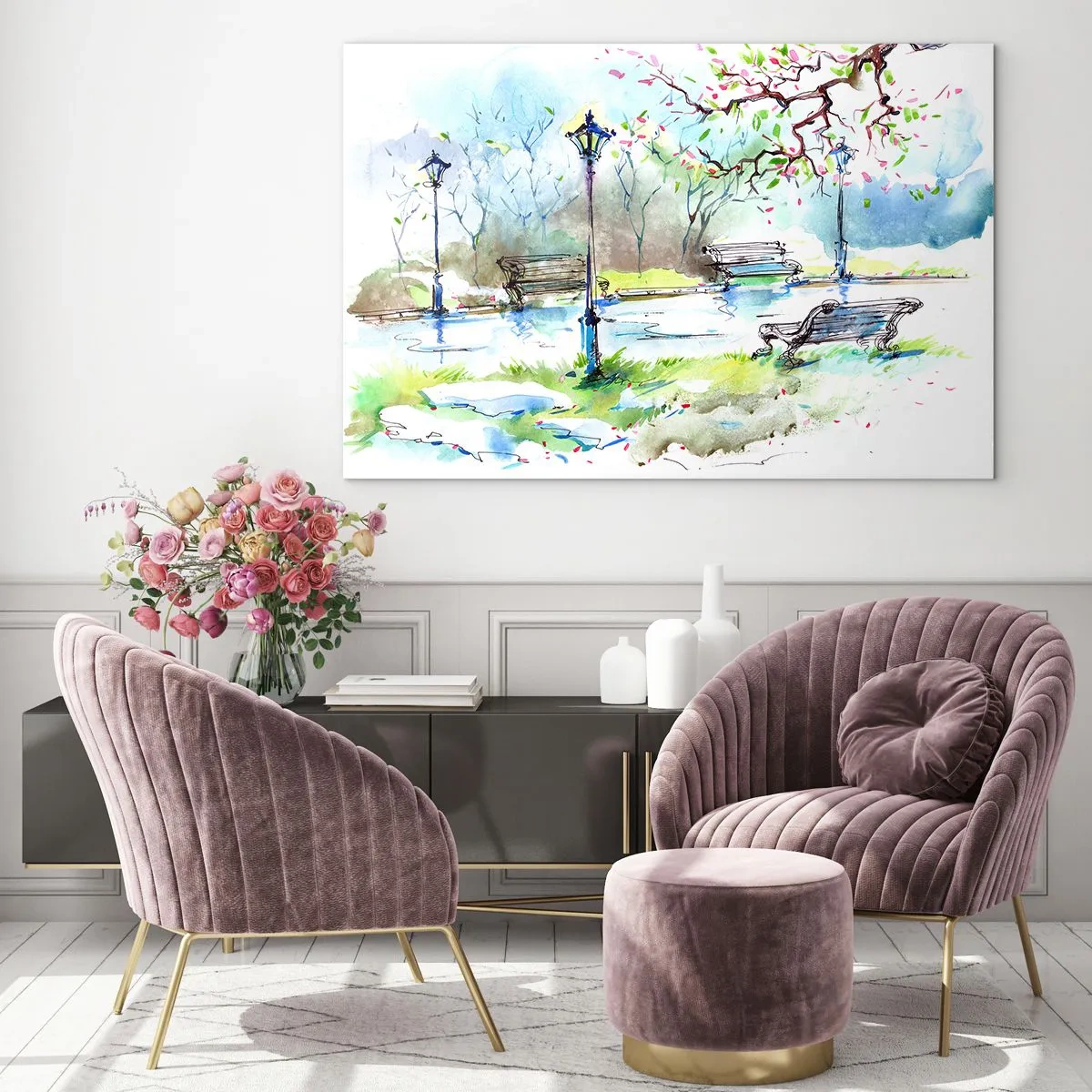 Glastavla - Bild på glas - Akvarellmålning av en parkscen med bänkar och lyktor - 70x50cm - Parktystnadens charm - Modern väggdekoration för vardagsrum och sovrum ARTTOR