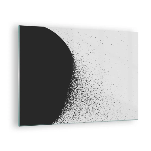 Glastavla - Bild på glas - Abstraktion av en svart massa som faller isär mot en vit bakgrund - 70x50cm - Partiklarnas rörelse - Modern väggdekoration för vardagsrum och sovrum ARTTOR