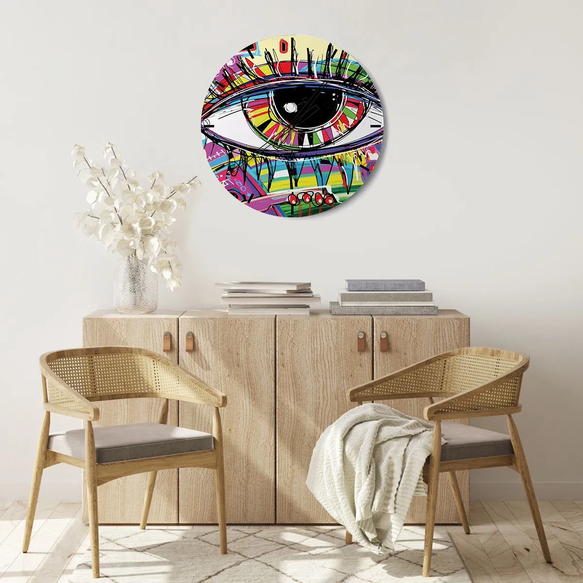 Väggklocka - Klocka på glas - Färgglatt öga - färgglad själ - 40x40 cm