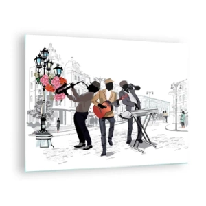 Glastavla - Bild på glas - Ett jazzband som spelar på gatan - 70x50cm - Gatumusik - Modern väggdekoration för vardagsrum och sovrum ARTTOR