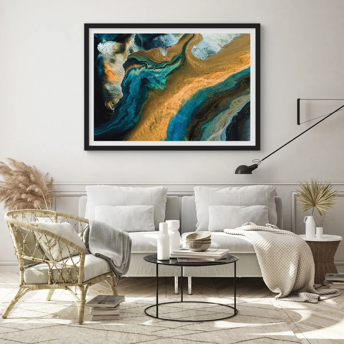 Affisch i svart ram - Blå – gul – ömsesidiga influenser - 91x61 cm