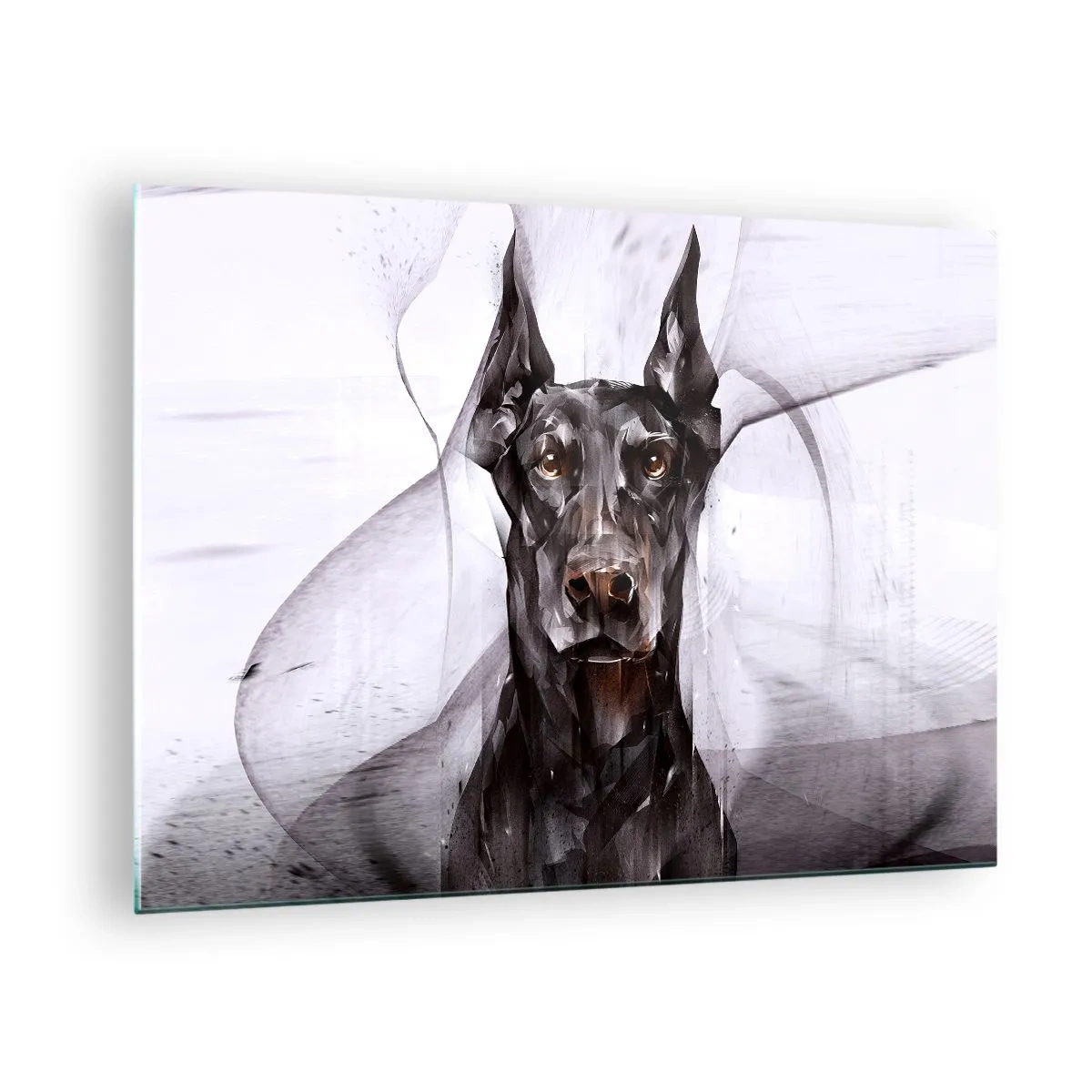 Glastavla - Bild på glas - Porträtt av en svart hund i abstrakt stil mot en ljus bakgrund - 70x50cm - Rasren - Modern väggdekoration för vardagsrum och sovrum ARTTOR