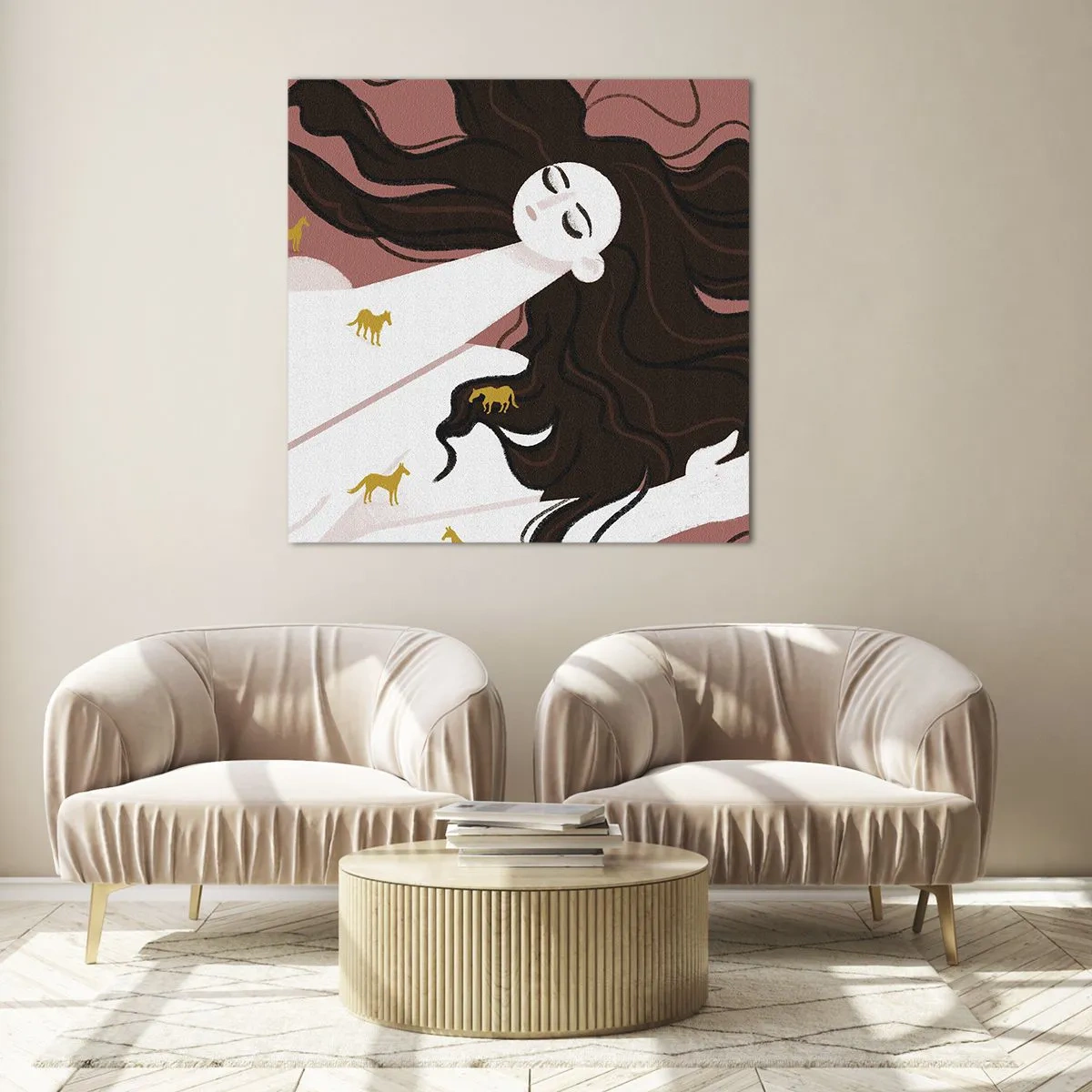 Glastavla - Bild på glas - Dröm om en gyllene häst - 70x70 cm