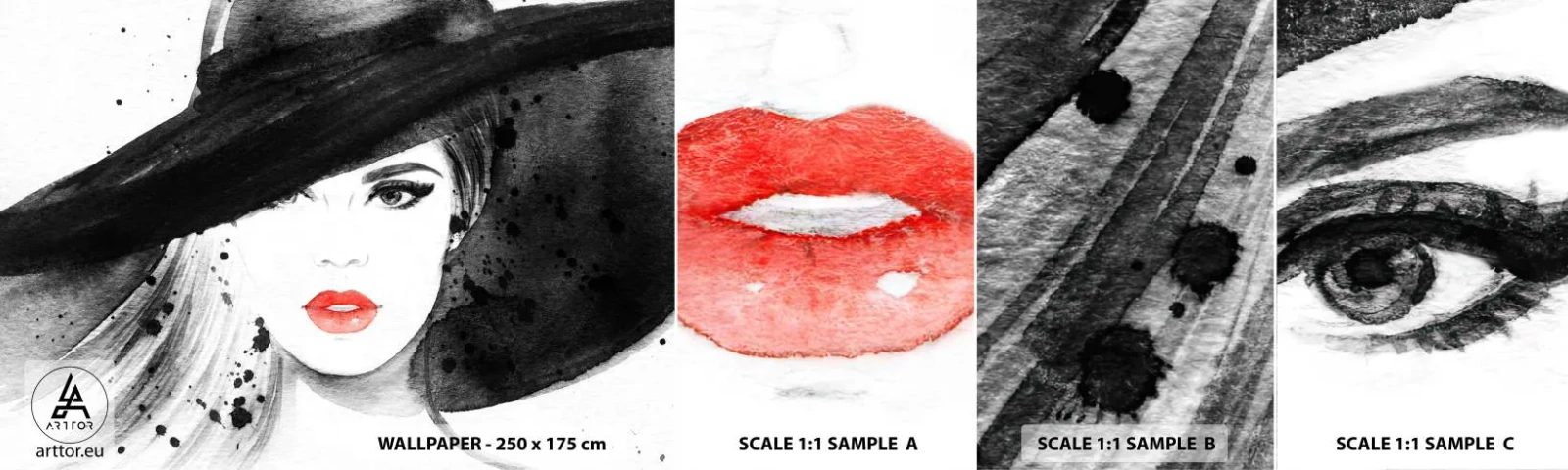 Provbit av självhäftande fototapet Deluxe Sticker - En dam i svart - Kvinna, Kvinnans ansikte, Porträtt av en kvinna - 100x30 cm