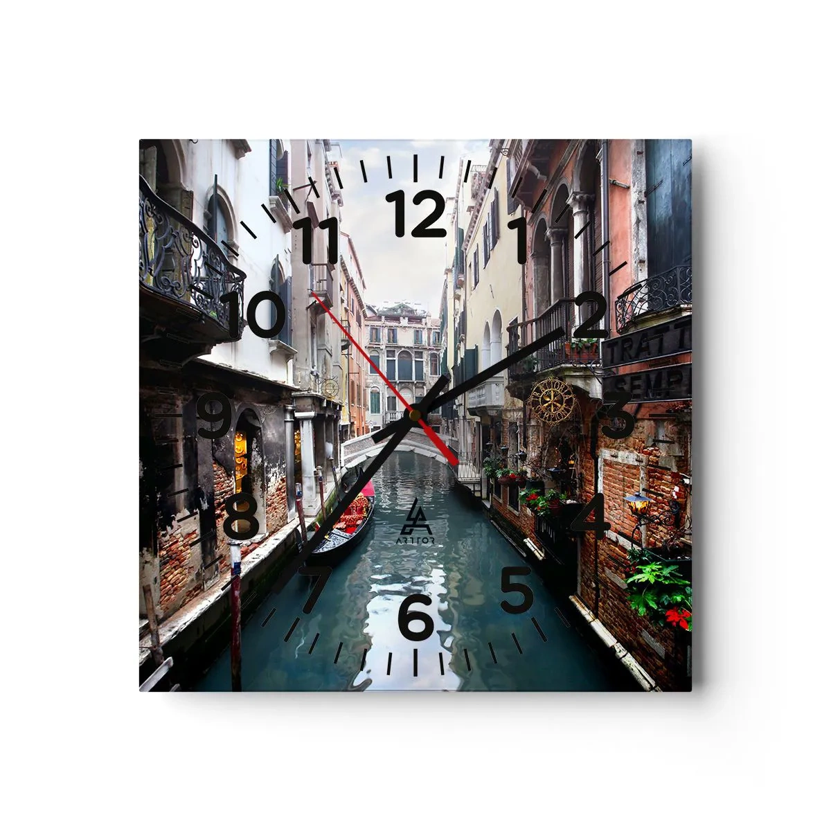 Väggklocka - Klocka på glas - Venedig-landskap med gondol och bro - 40x40 cm