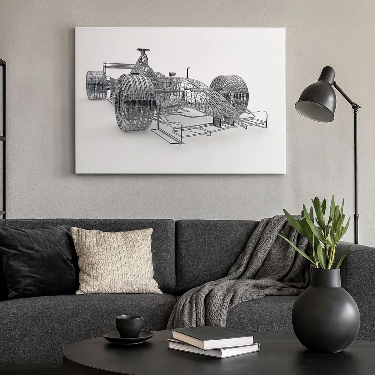 Canvastavla - Bild på duk - En designskiss av en racerbil mot en ljus bakgrund - 70x50cm - Perfekt konstruktion - hastighetens idé - Modern väggdekoration för vardagsrum och sovrum ARTTOR
