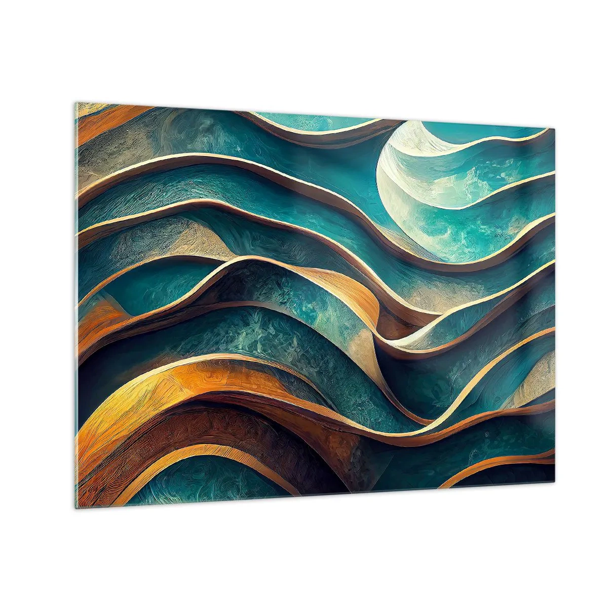 Glastavla - Bild på glas - Dynamiska linjer i blått och koppar skapar vågor - 70x50cm - Meandrar av blått - Modern väggdekoration för vardagsrum och sovrum ARTTOR