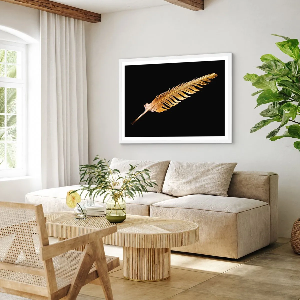 Affisch i vit ram - Fjäder... - 50x40 cm