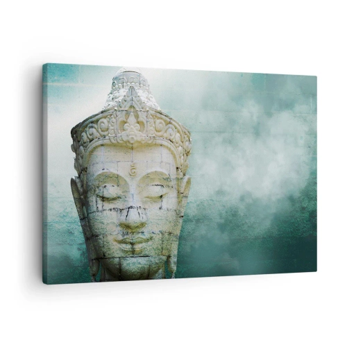 Canvastavla - Bild på duk - Buddhastaty med en mild dimma mot en grön bakgrund - 70x50cm - På jakt efter ljus - Modern väggdekoration för vardagsrum och sovrum ARTTOR