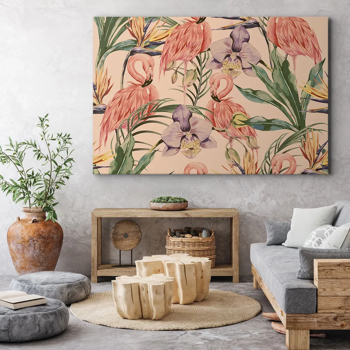 Canvastavla - Bild på duk - Flamingos och tropiska blommor på en ljus bakgrund - 70x50cm - Rosa balett i blommor - Modern väggdekoration för vardagsrum och sovrum ARTTOR
