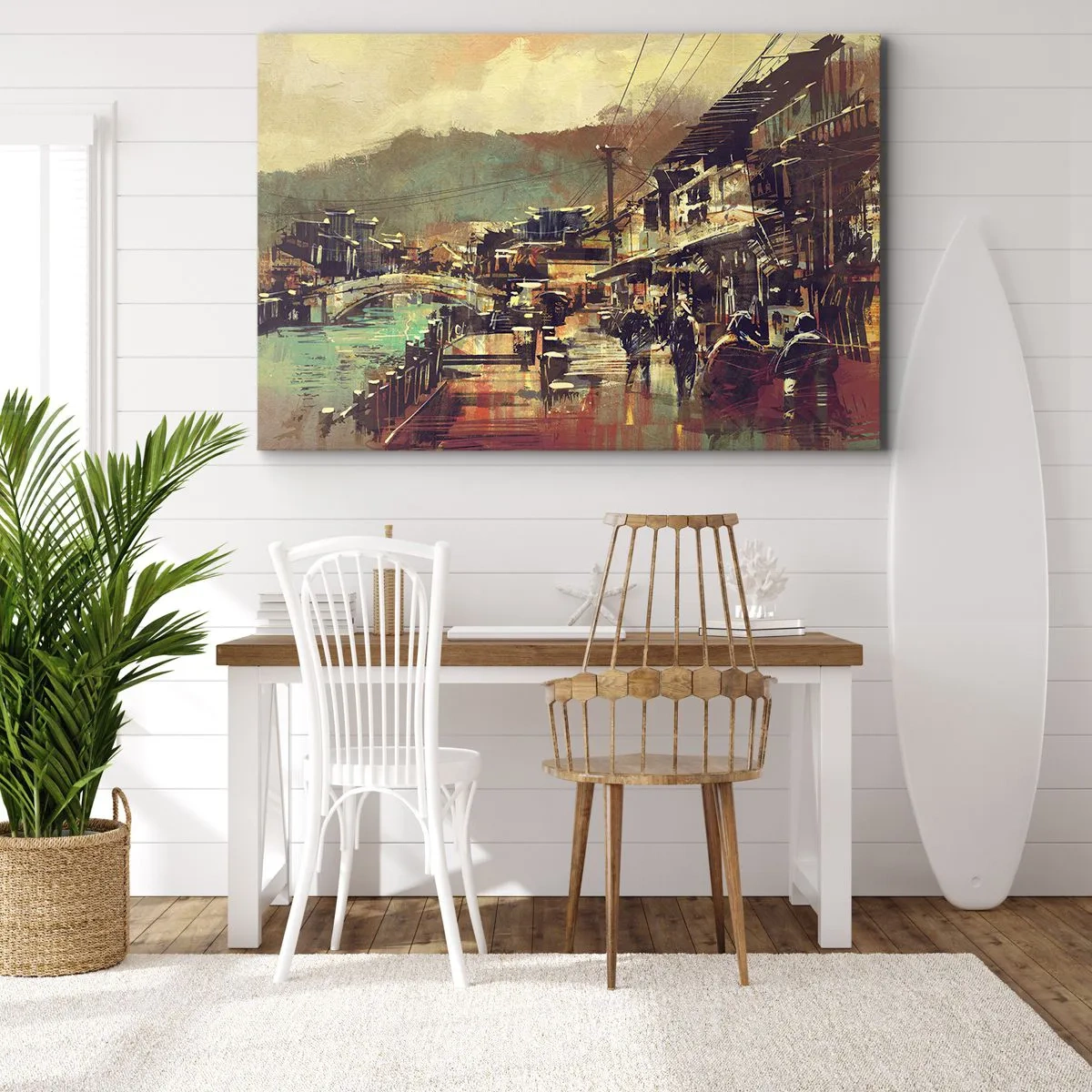 Canvastavla - Bild på duk - En stad med en bro och konstnärligt utformade gator - 70x50cm - Livet som gråskalans rikedom - Modern väggdekoration för vardagsrum och sovrum ARTTOR