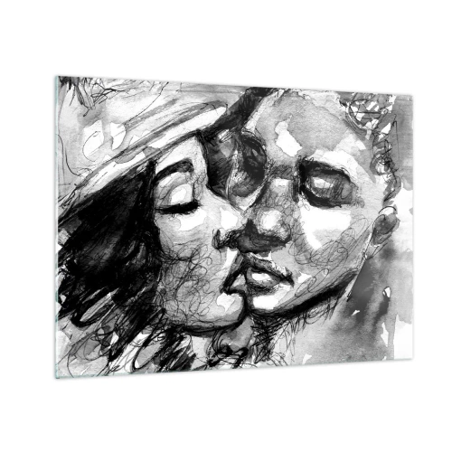 Glastavla - Bild på glas - Svartvit skiss av en öm kyss - 70x50cm - Ett ömt ögonblick - Modern väggdekoration för vardagsrum och sovrum ARTTOR
