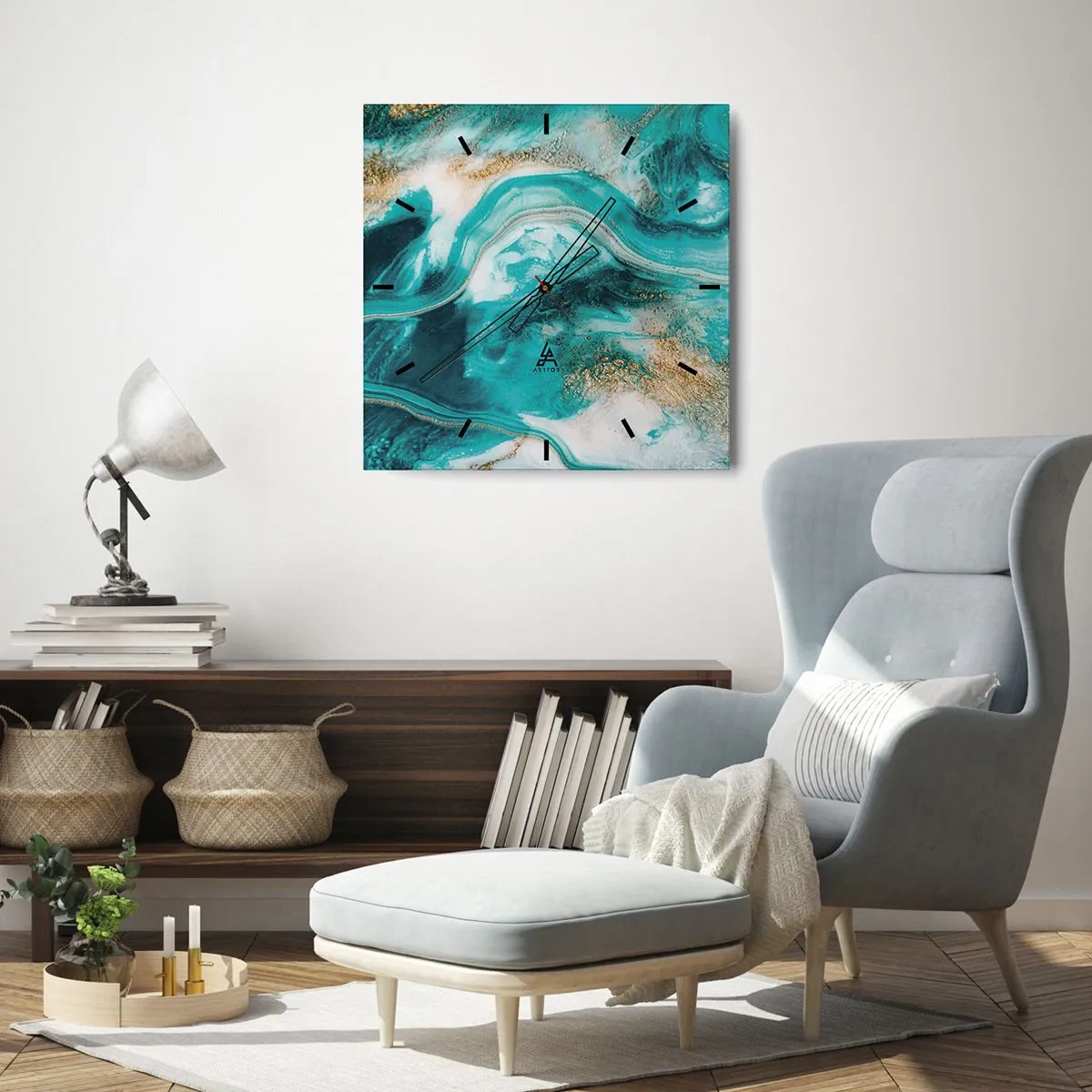 Väggklocka - Klocka på glas - Guldflod - 40x40 cm