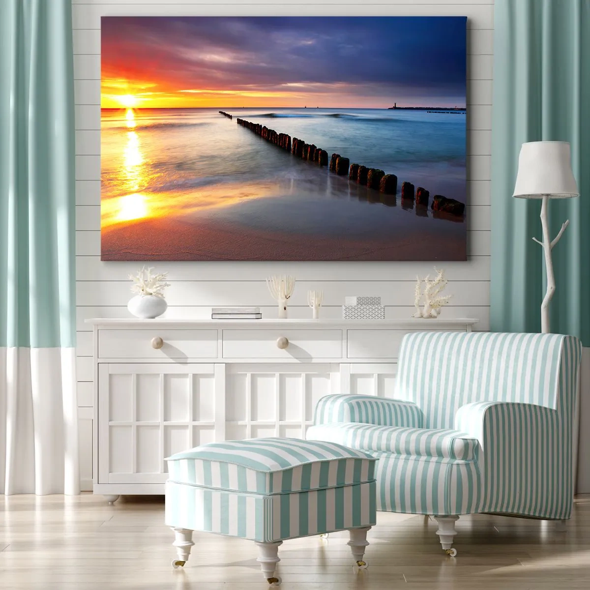 Canvastavla - Bild på duk - Solnedgång över havet med en vågbrytare i förgrunden - 70x50cm - Lyssna på tystnaden - Modern väggdekoration för vardagsrum och sovrum ARTTOR