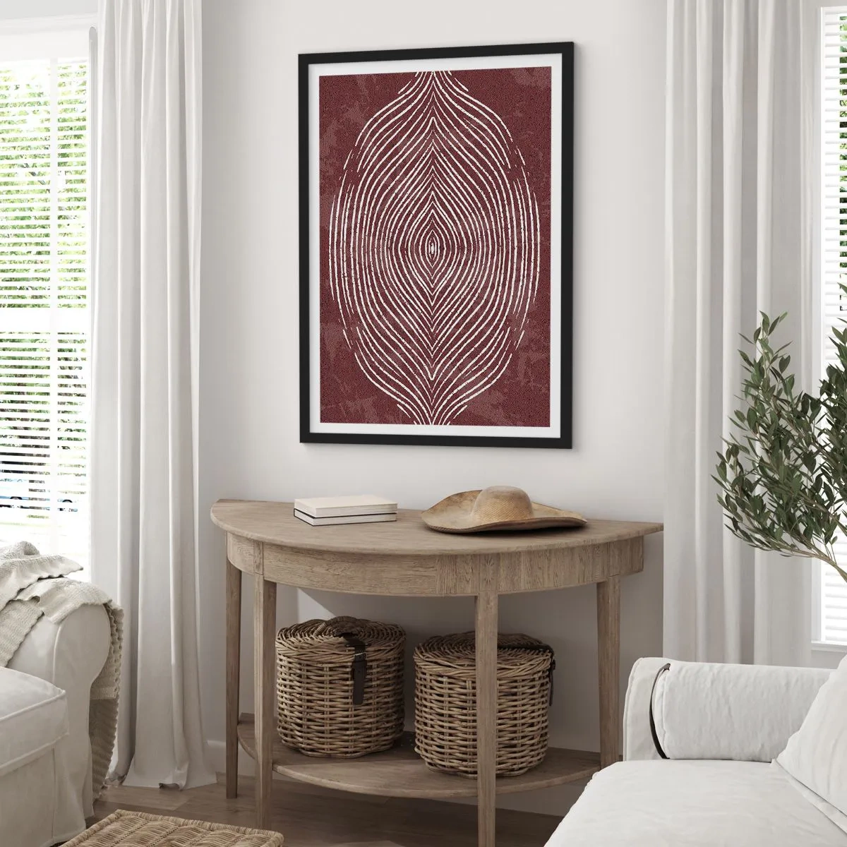 Affisch i svart ram - Ett hypnotiskt mönster av vita linjer på en brun bakgrund. - 50x70cm - Rymden talar - Modern väggdekoration för vardagsrum och sovrum ARTTOR
