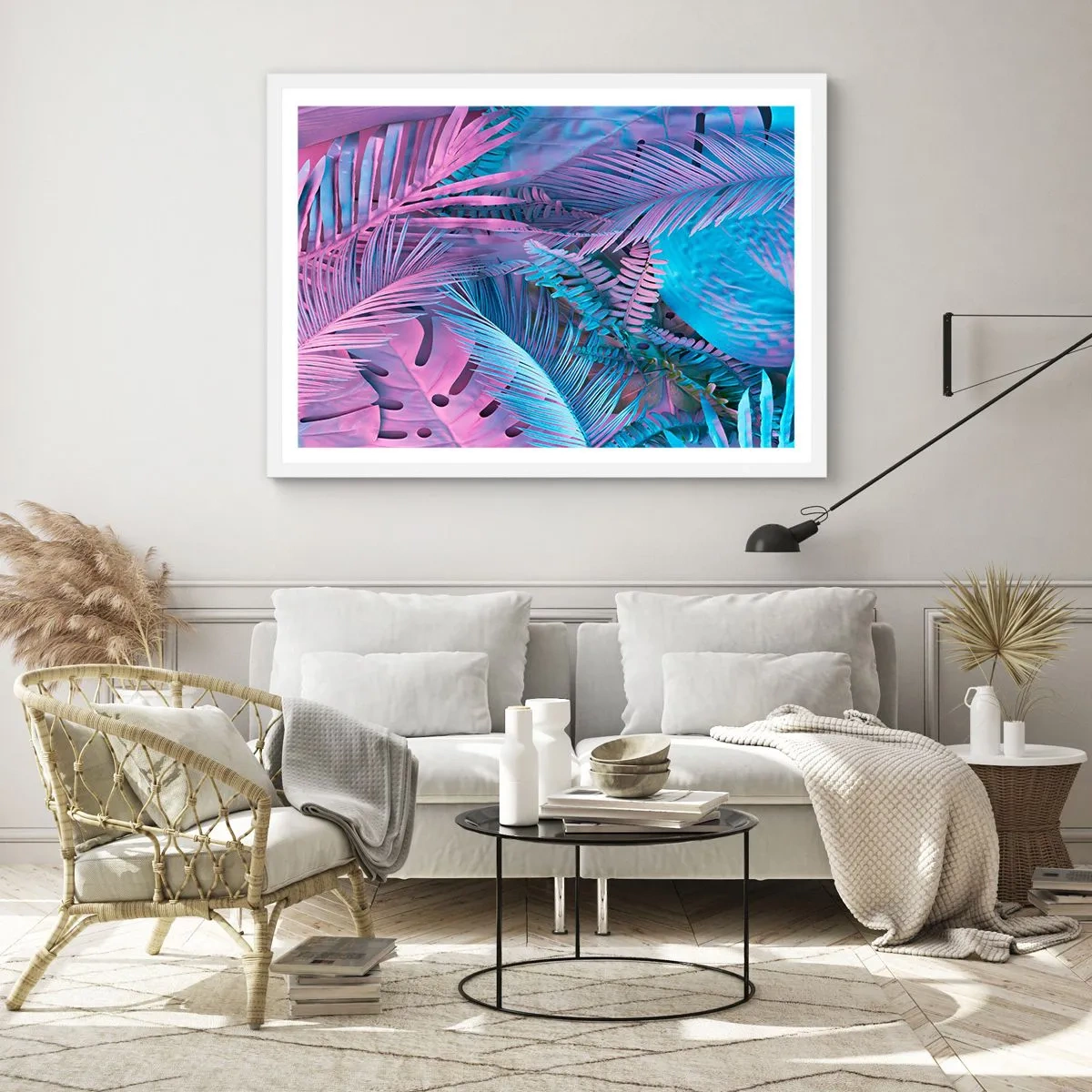 Affisch i vit ram - Tropiken i rosa och blått - 100x70 cm