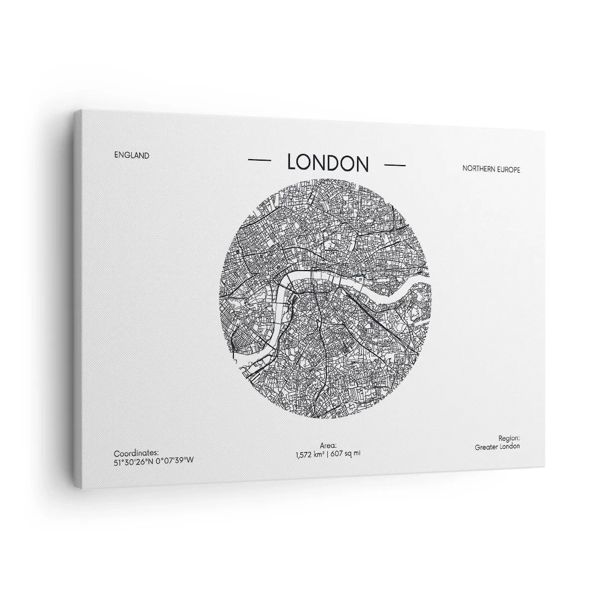 Canvastavla - Bild på duk - En minimalistisk karta över London i svartvitt med exakta detaljer. - 70x50cm - Londons anatomi - Modern väggdekoration för vardagsrum och sovrum ARTTOR