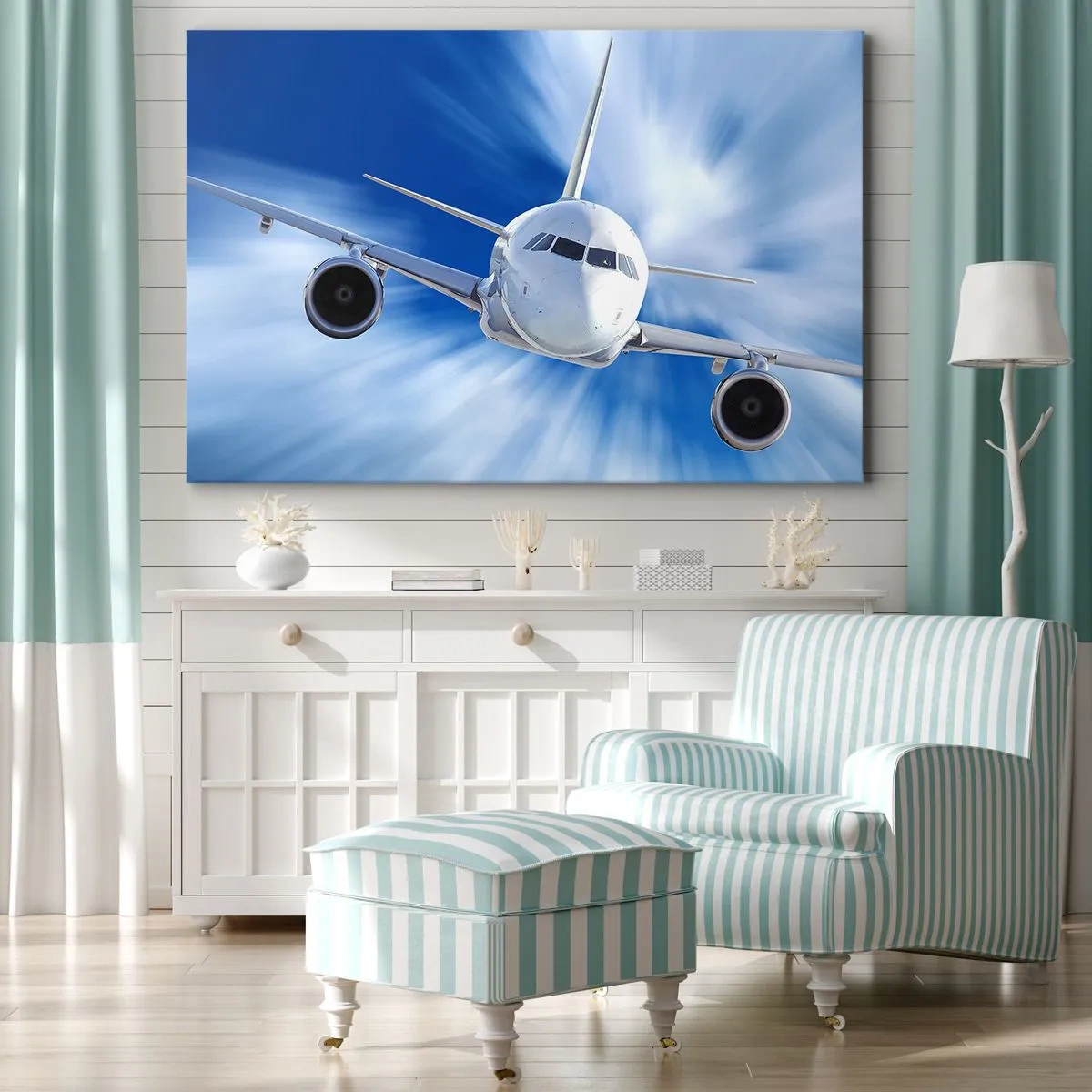 Canvastavla - Bild på duk - Ett passagerarplan i rörelse mot himlen - 70x50cm - Snabbare än vinden i himlen - Modern väggdekoration för vardagsrum och sovrum ARTTOR