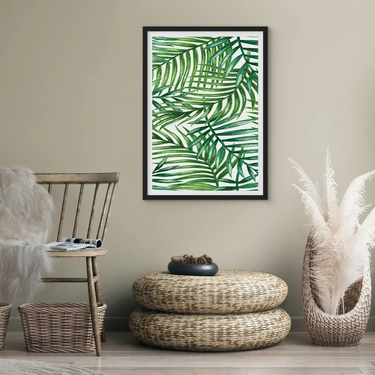 Affisch i svart ram - Palmer i ett minimalistiskt botaniskt mönster - 50x70cm - Under gröna baldakinen - Modern väggdekoration för vardagsrum och sovrum ARTTOR