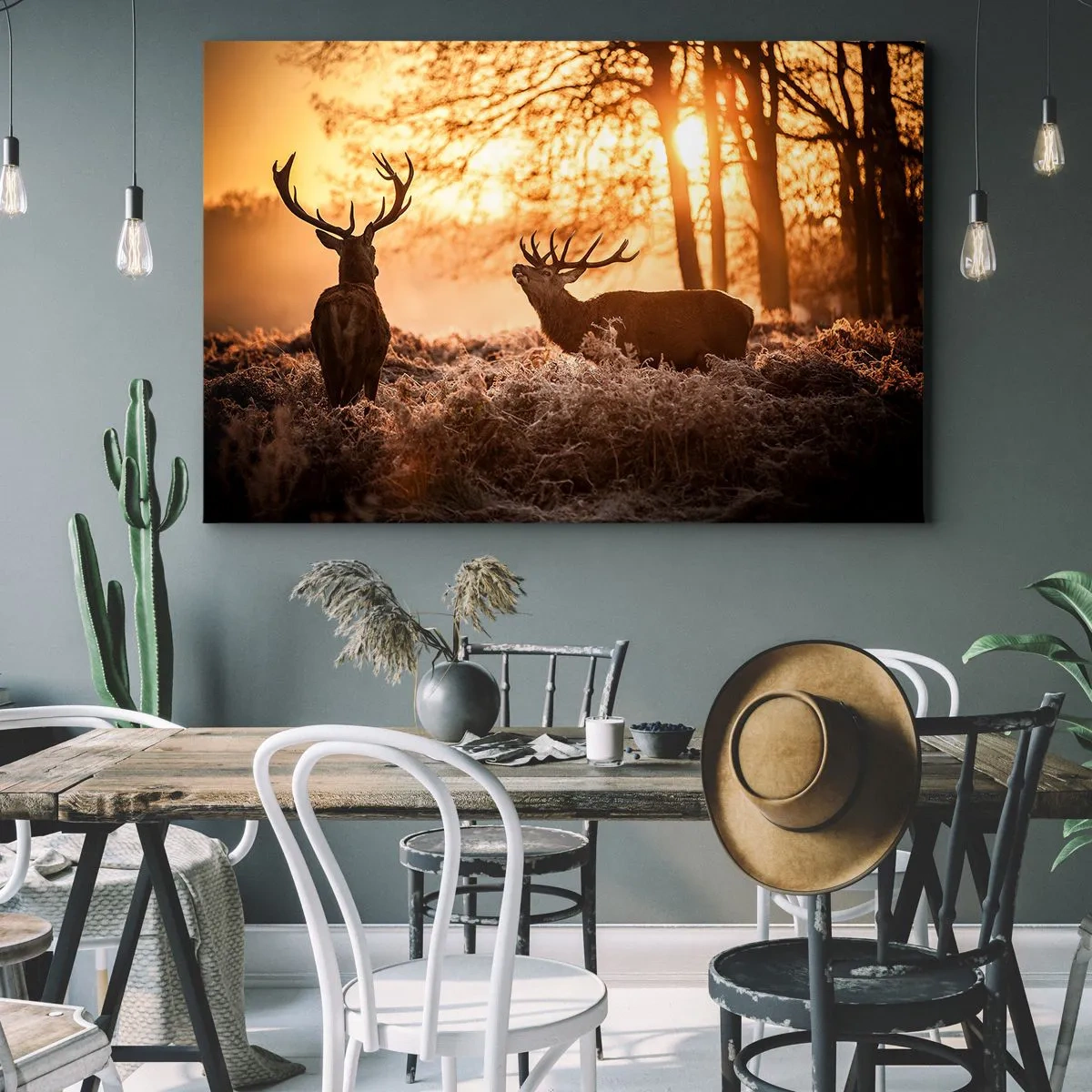 Canvastavla - Bild på duk - Två rådjur vid solnedgången i ett vinterlandskap - 70x50cm - Jägarens dröm - Modern väggdekoration för vardagsrum och sovrum ARTTOR