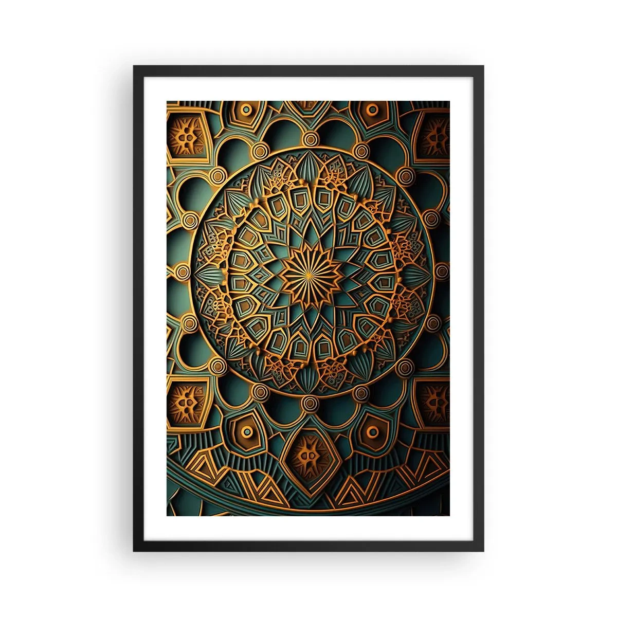 Affisch i svart ram - Gyllene mandala på en mörk bakgrund - 50x70cm - I ett arabiskt klimat - Modern väggdekoration för vardagsrum och sovrum ARTTOR