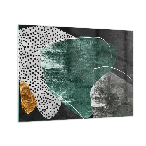 Glastavla - Bild på glas - Gröna former med svart bakgrund och guldfärgad accent - 70x50cm - Färgstark abstraktion med en guldflinga - Modern väggdekoration för vardagsrum och sovrum ARTTOR